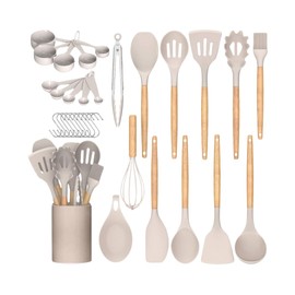Kitchen Utensil 33 Pcs Non-Stick Silicone (BPA Free) Set (Khaki)
