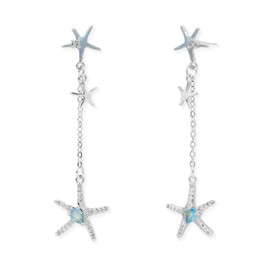 Sonateomber Silver Starfish Summer Beach Dangle Chain Earrings for Women, Dainty Blue CZ Rhinestone Enamel Ocean Earings Holiday Fashion Jewelry Gift