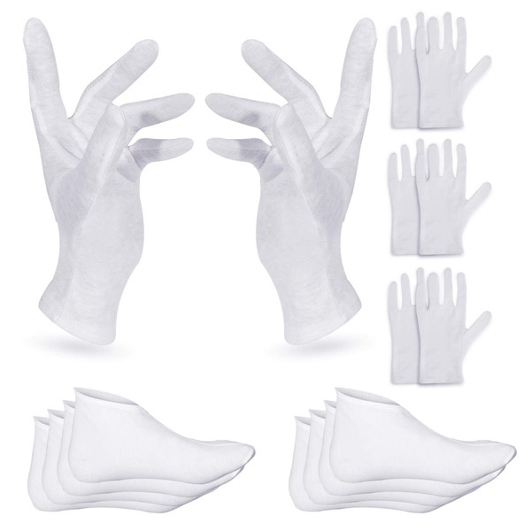 4 Pairs Moisturising Gloves and 4 Pairs Socks Nabance Moisturising Cotton Gloves Moisture Socks White Hand Gloves for Dry Hands Skin Care and Foot Spa(8 pairs/16pcs)