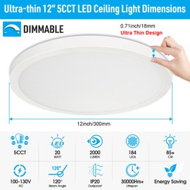 SunRider 4-Pack LED Flush Mount Ceiling Light Fixture, Dimmable 5CCT Selectable 2700K-6000K, 12inch 20W 2000LM Round Flat Ceiling Lamp, 200W Equiv.