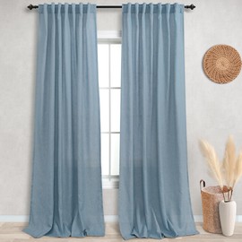 Slate Stone Blue Sheer Curtains 96 Inches Long for Living Room 2 Panels Back Tab Rod Pocket Pale Washed Linen Polyester Blended Woven Cotton Look Material Fabric Drapes 52x96 Length,Denim Jean Blue