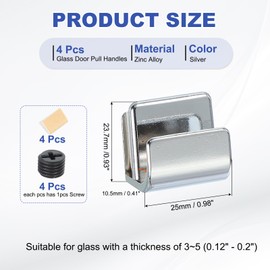 PATIKIL 15/16 Inch Glass Door Handle, Stainless Steel, 4 Pieces, No Drilling Door Clips, Handles Knobs with Screw for 3-5 mm Shower Glass, Cupboard, Drawer, Display Cabinet, Silver