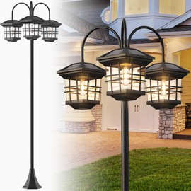 76" Classic Black Solar Lamp Post Lights - 3-Head Waterproof Outdoor Street Lights, Pole Light Decorative Lamp for Backyard, Garden, Driveway, Lawn (LED Bulbs Included)