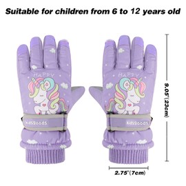 JUPSK Kids Winter Ski Gloves Purple Unicorn Waterproof Anti Slip Plush Lined Thermal Snowboard Gloves for Girls Boys Children Aged 6-10
