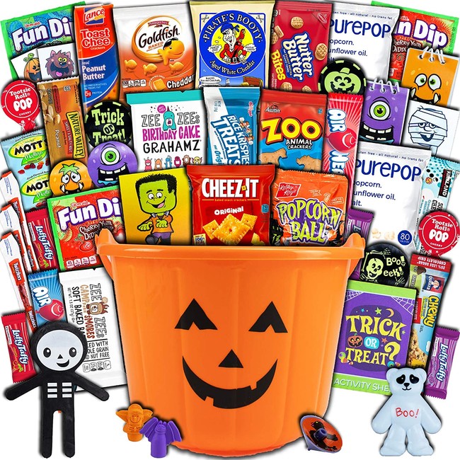 Halloween Pumpkin Bucket (45ct) Already Filled Trick or Treat Snacks Cookies Bars Candy Toys Variety Gift Pack Assortment Basket Bundle Mixed Bulk Sampler for Children Kids Boys Girls College Students