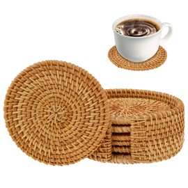 Rattan Coasters Heat Resistant Round Straw Trivet Handmade Wicker Coasters Set Versatile Woven Coasters Bohemian Coasters for Teacups (8cm)