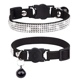Dog Cat Collar Breakaway with Bell - Bling Rhinestone Dog Cat Collar - Soft Safe Adjustable Shining Collar for Small Puppy Girl (Black, XS)