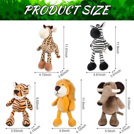 Juego de 5 juguetes de peluche de safari, incluye leones, tigres, elefantes, cebras y jirafas de 11.8 pulgadas, animales salvajes suaves y realistas de la selva, juguetes para niños, niñas, adultos