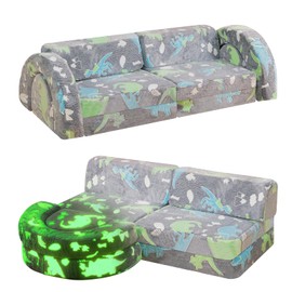 Stmoze 10Pcs Nugget Couch, Modular Kids Play Couch Glow, Convertible Play Fort Kids Couch, Instant Rebound 28D Foam Toddler Couch, Kid Sofa for Playroom, Bedroom Furniture, Gray+Dinosaur