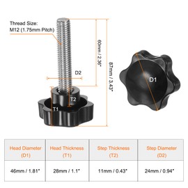 QUARKZMAN Pack of 2 Knurled Screws with Star Handle M12 x 60 mm x 46 mm Star Grip Screw Plastic Knob Stainless Steel 304 Threaded Bolts Clamping Screw Star Grip Nut Clamping Knob for Machine