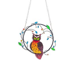 Zayookey Painted Owls Window Hanging Decor Stained Acrylic Bird Suncatcher Panel with Metal Chain for Wall Home Garden Ornament Gift
