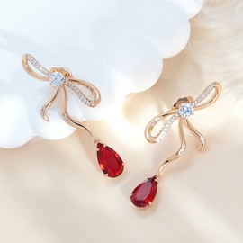 TIMEMATRIX Bow Tie Earrings for Women, 18K Gold Plated Brass with Red Cubic Zirconia