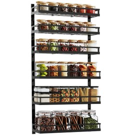 X-cosrack 6-Tier Wall-Mounted Spice Rack Organizer with Mixed Basket Sizes, Height-Adjustable Hanging Spice Shelf for Kitchen Pantry Cabinet, Large-Capacity Seasoning Holder, Black