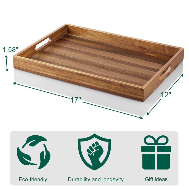 2 Pack Acacia Wood Serving Tray with Handles - 17