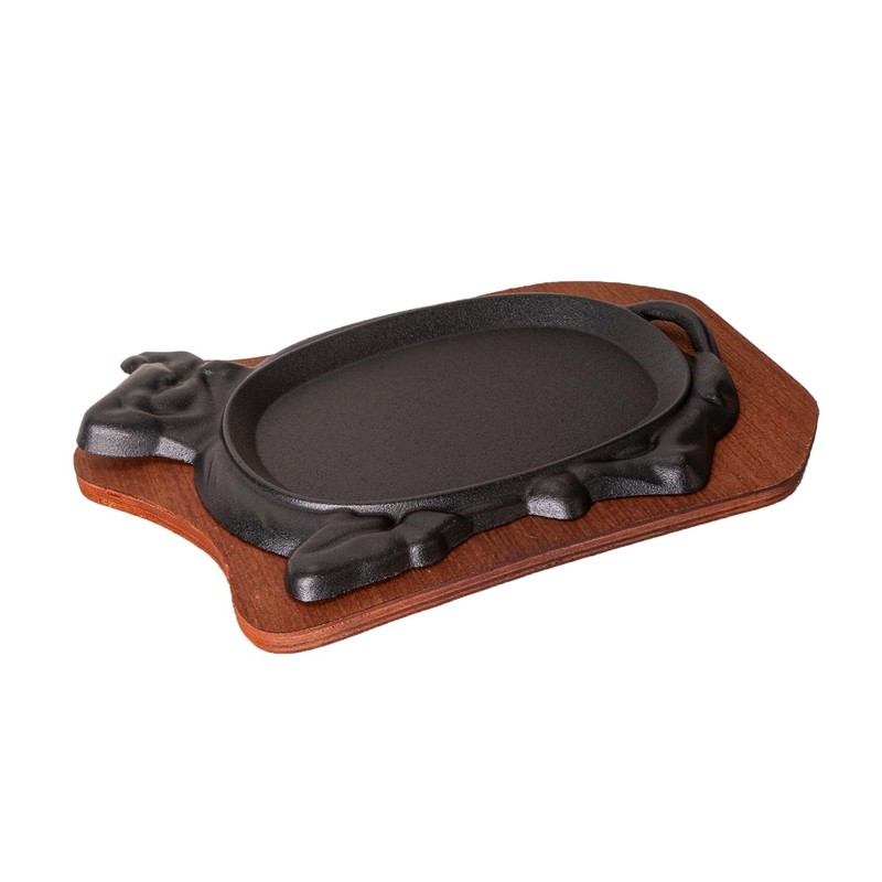 Cast Iron Steak Plate Sizzle Griddle With Wooden Base Steak