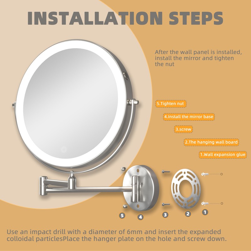 Batuso 10" Wall Mounted Makeup Mirror with Light, 3000mAh Rechargeable