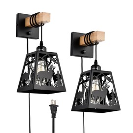 Sunnyin Wall Sconces Set of Two Plug in,Rustic Deer Dimmable Wall Sconce,Matte Metal Farmhouse Sconces Wall Lighting,Wooden Industrial Light Fixture,Black Wall Lamps for Living Room,Bedroom,Bedside