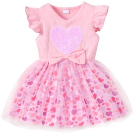 RETSUGO Kids Girls Ruffled Sleeve Dress Toddler Girls Heart Clothes Casual Bowknot Princess Party Tutu Dresses 3-4 Years 1094