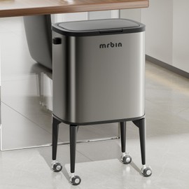 MRBIN Metal Kitchen Trash Can with Wheel Legs, 36L / 9.5gal Medium Press Lid Slim Removable Waste Basket, Pet Proof Tall Narrow Garbage Pail for Vanity, Bedroom, Bathroom, Living Room, Eclipse Grey
