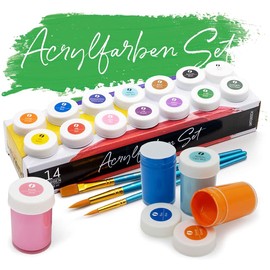 int!rend Acrylic Paint Set Artist Colours with Brush 14 Acrylic Colours x 18ml for Children & Adults Waterproof for Canvas, Wood, Clay, Paper