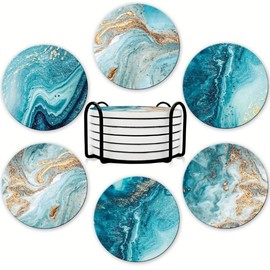 Coasters for Drinks, Marble Style Absorbent Coaster Set with Metal Holder Stand, Cup Coasters with Cork Base, Drink Coasters for Kinds of Cups, Home Decor, Coasters Set of 6 (Blue)