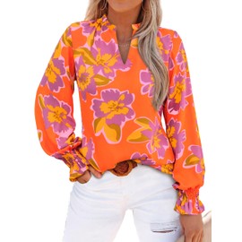 MASCOMODA Womens V Neck Floral Long Sleeve Tops 2024 Summer Casual Loose Puff Sleeve Chiffon Boho Work Blouse Dressy T Shirts(Orange Purple Flower,Large)