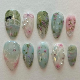 Handmade Press on Nails Almond Fake Nails - Flowers Acrylic Floral Nails Medium Short Light Blue & Pink Translucent Nails Press ons Pearl & Rhinestones Artificial Idyllic False Nails for Women 24 Pcs