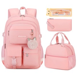 VIRTUREVI 3PCS School Backpack For Student Women College Middle High Teen Girls Bookbag Waterproof Laptop Bag Pink