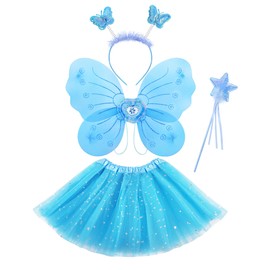 Lainlight 4 Pcs Butterfly Fairy Costume for Girls Kids Princess Cosplay Costume Set with Wings, Tutu Skirt, Wand for Girls 3-8 Years Blue