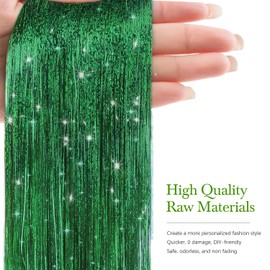 Hair Tinsel 8 Packs 1600 Strands 50 Inch Tinsel Hair Extensions Grass Green Heat Resistant Glitter Sparkling Shinny Fairy Hair Accessories for Women(Grass Green, 50Inch)