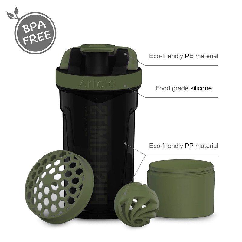 Artoid Sports Protein Shaker Bottle, 24-Ounce, Dual Mixing Technology, BPA