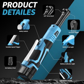 FULLYEA Electric Ratchet Wrench Set,18V Cordless Ratchet Tool Kit,550 RPM, 3/8" Variable Speed Power Ratchet Wrench with LED Light, 2 * 2.0Ah Li-ion Batteries and Fast Charger, Blue