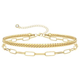 KissYan Gold Bracelets for Women, Dainty 14K White Gold Plated Layered Paperclip Tiny Pearl Cuban Link Chain Bracelet Set Adjustable Cute Trendy Jewelry Gift(G-cuban paperclip)