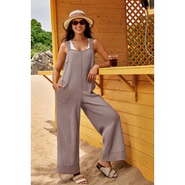 Panadila Womens Waffle Knit Jumpsuit Casual Wide Leg Jumpsuits Oversized Long Rompers Open Back Loose Overalls(Grey Pink,XL)