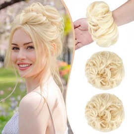 Qunlinta 2 PCS Large Messy Bun Hair Piece, Thick Wavy Curly Hair Bun Scrunchies Extensions Synthetic Chignon Updo Hairpieces for Women Girls Bleach Blonde
