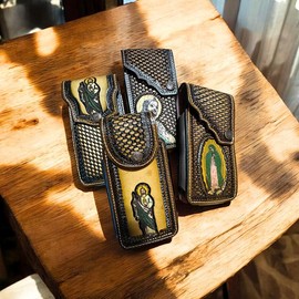 Leather Phone Belt Holster Handmade in Mexico Cowboy Jesus Virgin Mary - Design: Jesus 2