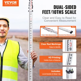VEVOR Aluminum Grade 18-Feet/10ths 6 Sections Telescopic Measuring Rod, Double-Sided Scale 1/10ft Leveling Rod Stick with Bubble Level & Carrying Bag for Houses, Walls, Floors