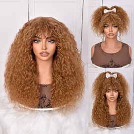 SOFUN Curly Wig With Bangs for Black Women long Curly Human Hair Glueless Wig for Daily,Realistic Look with True Scalp(Brownish Yellow)