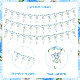 Funmemoir 3pcs Elephant Bunting Banner Blue Elephant Baby Shower Decorations Pre-Strung Elephant Birthday Pennant Banner for Boys Elephant Theme Birthday Party It’s a Boy Baby Shower Supplies