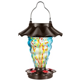 LUJOIN Solar Powered Hummingbird Feeder for Outdoors Hanging, RGB Lights with 9 Modes, Hand Blown Glass with 28 fl.oz, Leak Proof & Rustproof, Metal Cover with 5 Feeding Ports, Spiral Shaped, Blue