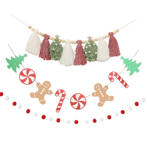 Christmas Tassel Garland Banner with Red and White Pom Pom