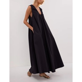 Ziesexy Maxi Dress for Women Sleeveless Long Summer Sundresses Flowy Vacation Beach Cotton Dress with Pockets Black