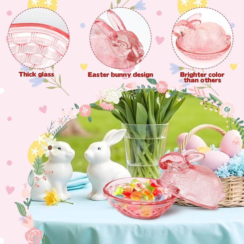 2 Pieces Easter Pink Glass Candy Dish with Lid Covered