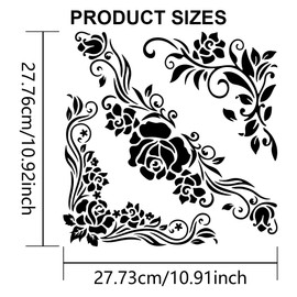 MAYJOYDIY Corner Flower Rose Stencil 11.8×11.8inch 3 Styles Vintage Rose and Vine Pattern Reusable Rose Flower Stencils for Painting with Paint Brush for Wood Canvas Wall Furniture