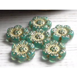 Czech 6 - 14mm CZECH TRANSLUCENT AQUA OPALINE GOLD WASH WILD ROSE FLOWER BLOSSOM BEADS
