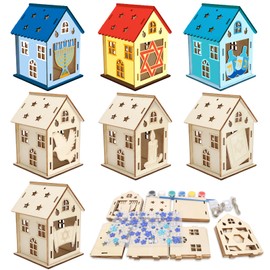 MONCAP 7 Pieces Hanukkah Craft Set Children's Hanukkah House Craft Wooden Hanukkah House Creative Sets Menorah Decoration Craft Set Star of David Dreidel Creative DIY for Girls Boys Hanukkah Jewish