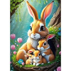 GDYEEH DIY 5D Rabbit Diamond Art Painting Kit, Flowers Full Round Drill Sparkling Diamond Painting Picture, Motherly Love Diamond Painting Art Craft Kits for Adults Beginners, Home Wall Decor 30x40cm