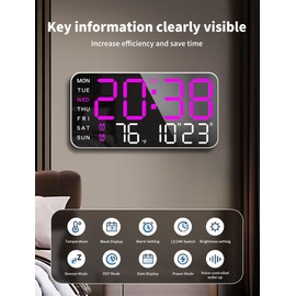 MASHI 8.4''Large Digital Wall Clock, Led Alarm Clock with Big Digits, Date, Temperature, DST, Modern Decor Design for Desk,5-Level Brightness for Room, Bedroom, Gift, Yougster and Elderly (Purple)