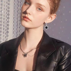 Chic Charm Rhinestone Silver Snowflake Dangle Drop Earring Elegant Sparkly Crystal Snow Flower Hoop Huggie Earrings for Women Fashion Xmas Christmas Jewelry Gifts (Black)