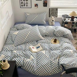 VM VOUGEMARKET Blue Striped Bedding Set King,Instagram Style Geometric Duvet Cover with Zipper Ties 100% Cotton Modern Fashion Bedding Set for Men Women-104x90 Inch